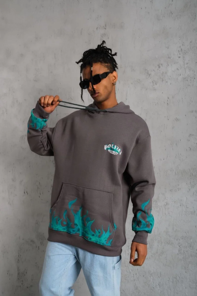 Üç İplik İçi Pamuklu Alev Baskılı Kapüşonlu Sweatshirt - Gri