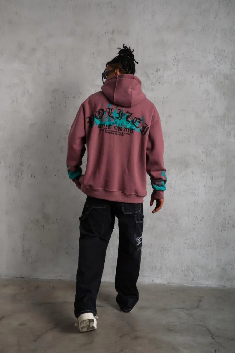 Üç İplik içi Pamuklu Alev Baskılı Kapüşonlu Sweatshirt - Gül Kurusu