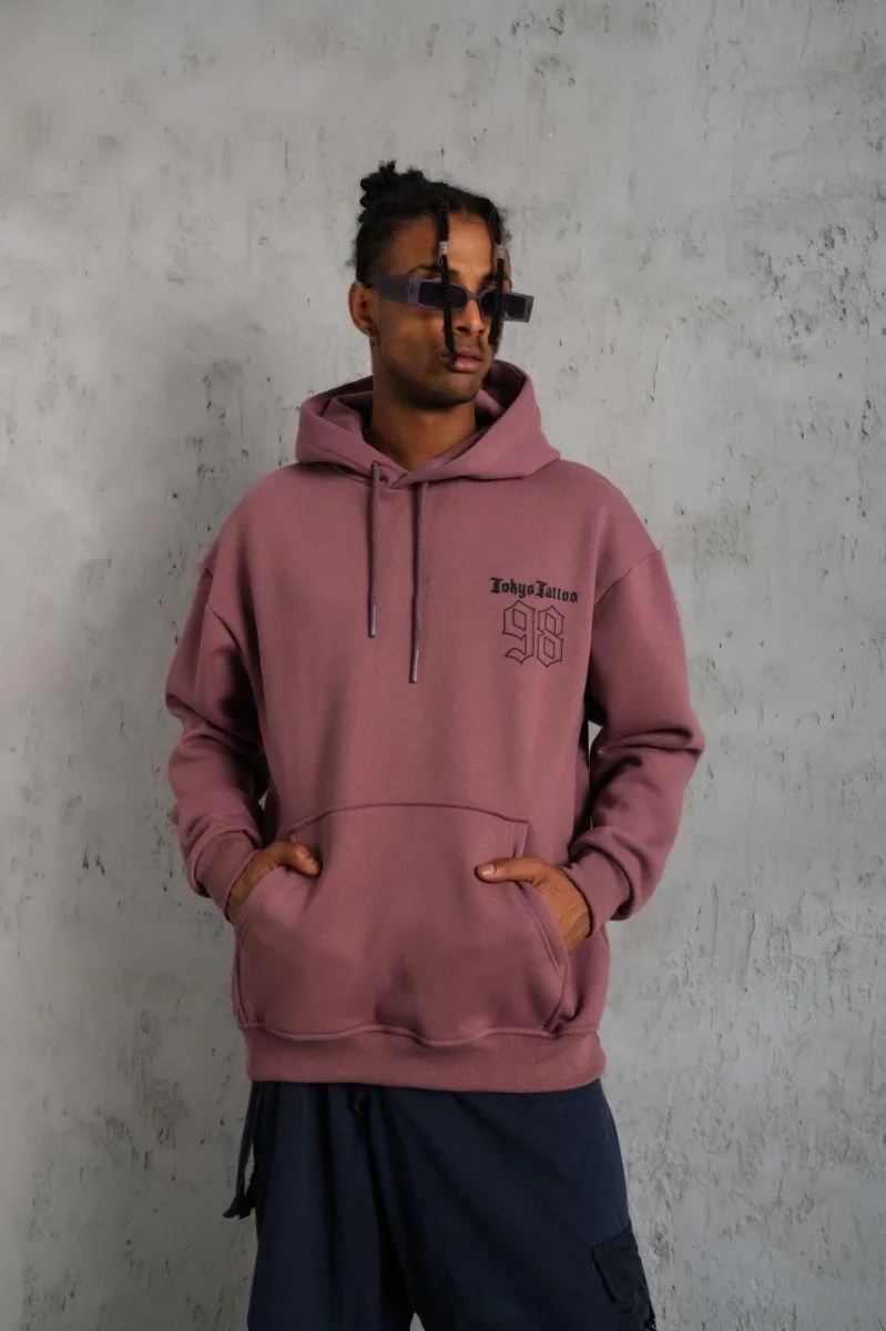 98 Baskılı Kapşonlu Sweat - Gül Kurusu