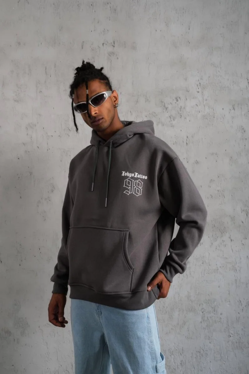 98 Baskılı Kapşonlu Sweat - Gri