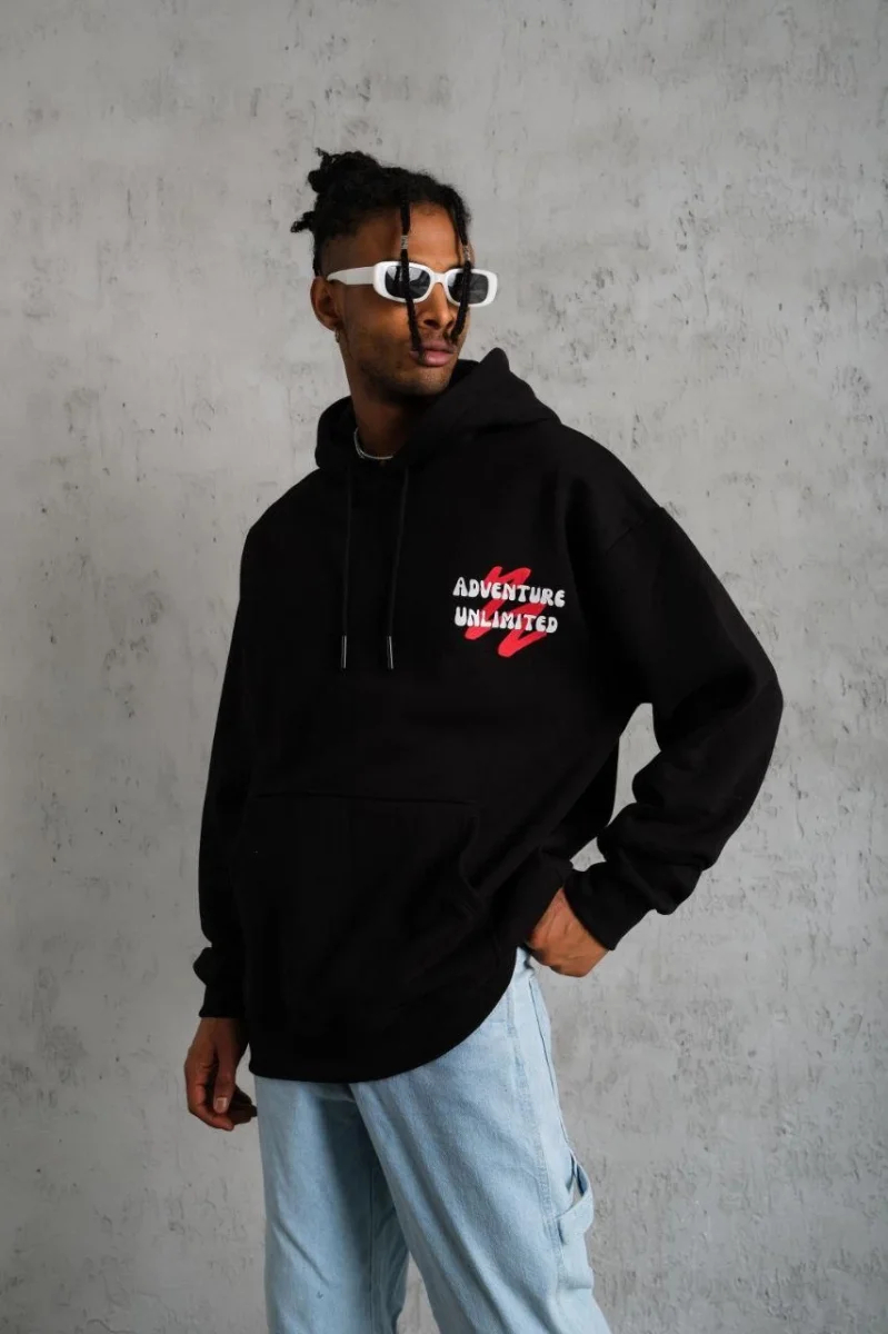 Şapkalı Güvercin Baskılı Kapşonlu Sweat - Siyah