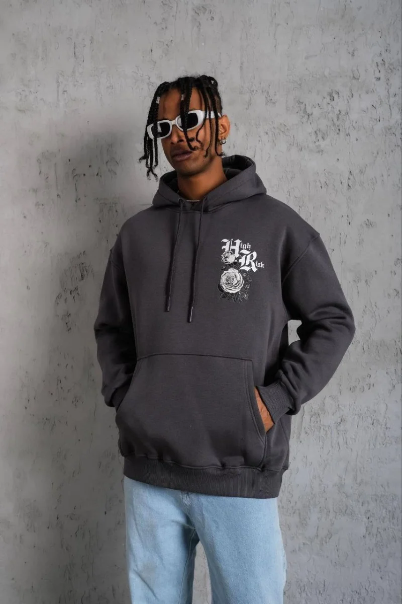 Baskılı Kapşonlu Sweat - Füme