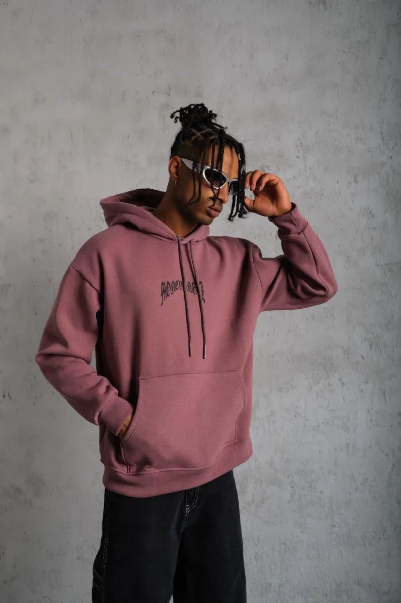 Kordon İpli Baskılı Kapüşonlu Sweatshirt - Gül Kurusu