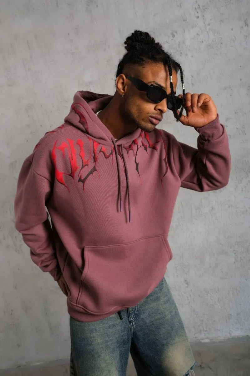 Ön ve Arka Baskılı Kapüşonlu 3 İplik Sweatshirt - Gül Kurusu