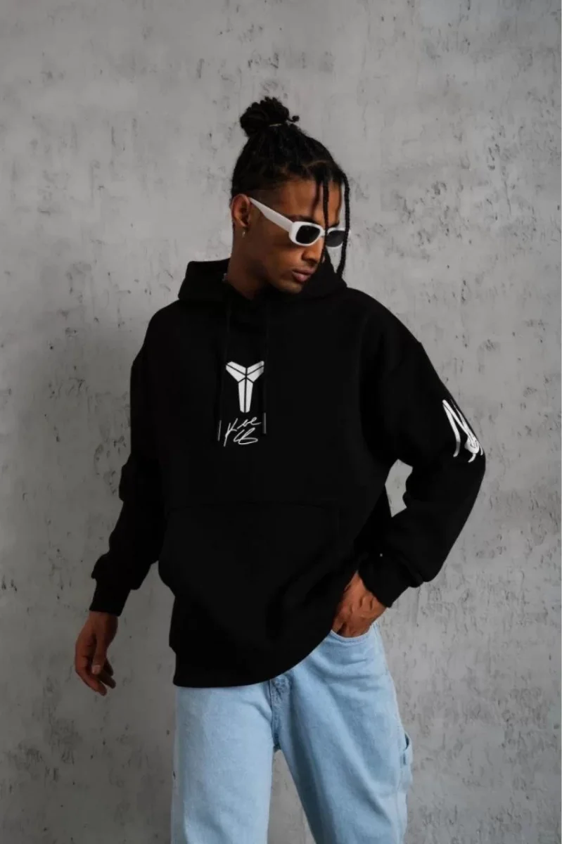 Sırt Baskılı Kapüşonlu Üç İplik Oversize Sweatshirt - Siyah