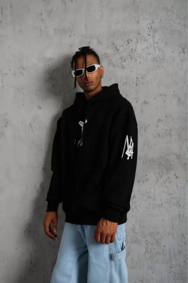 Sırt Baskılı Kapüşonlu Üç İplik Oversize Sweatshirt - Siyah