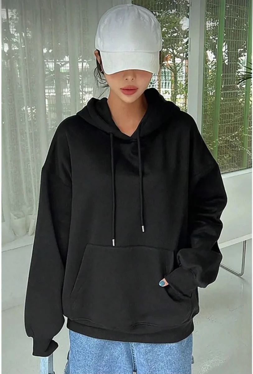 Uzun Kol Kapşonlu Basic Sweatshirt hoodie - Siyah