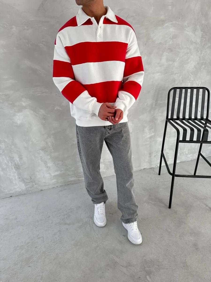 Üç İplik Parçalı Yakalı SweatShirt - Kırmızı