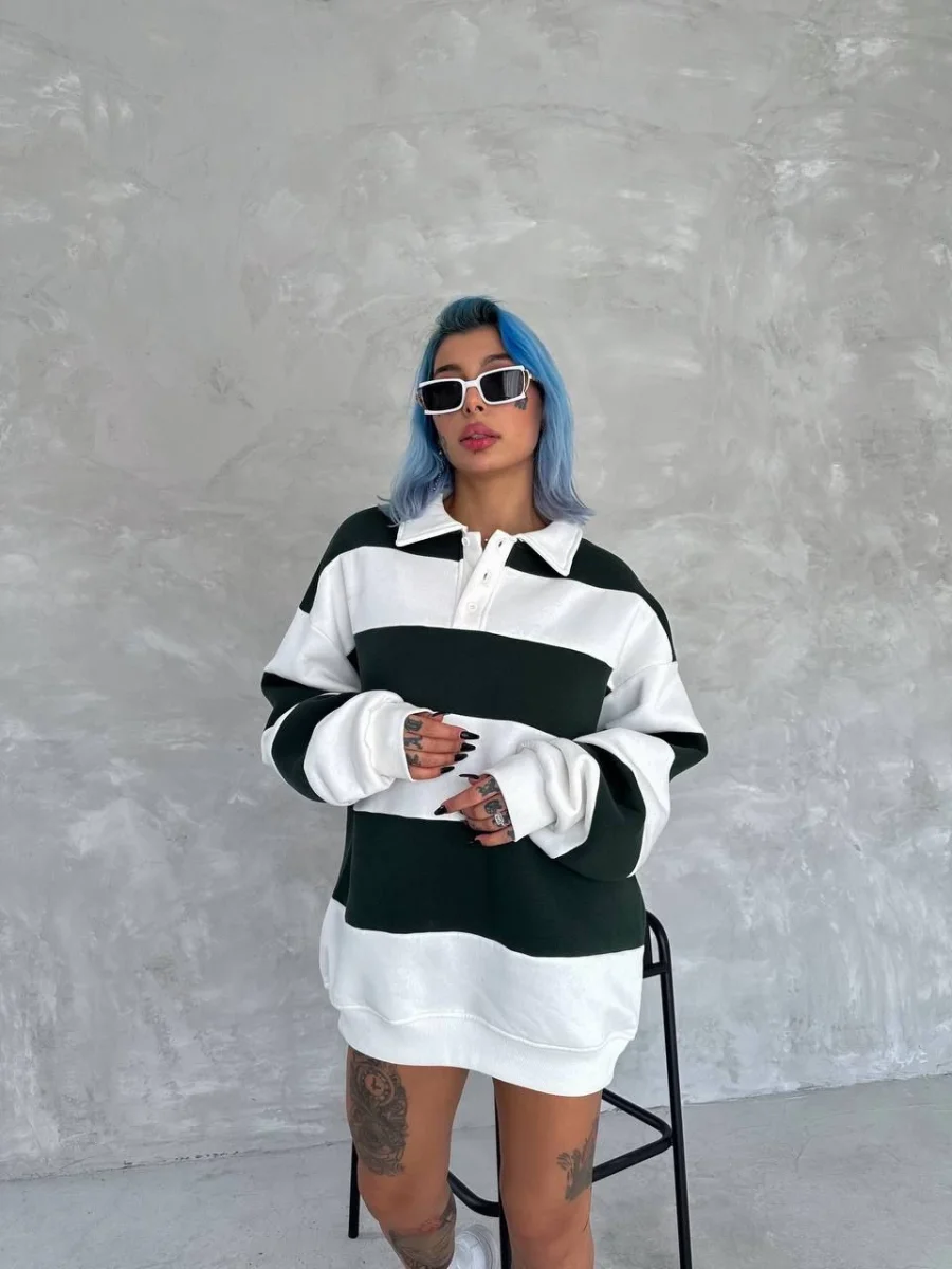 Üç İplik Parçalı Yakalı SweatShirt - Yeşil