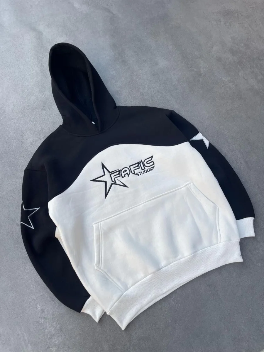 Parçalı Nakış İşlemelı Kapüşonlu SweatShirt - Siyah