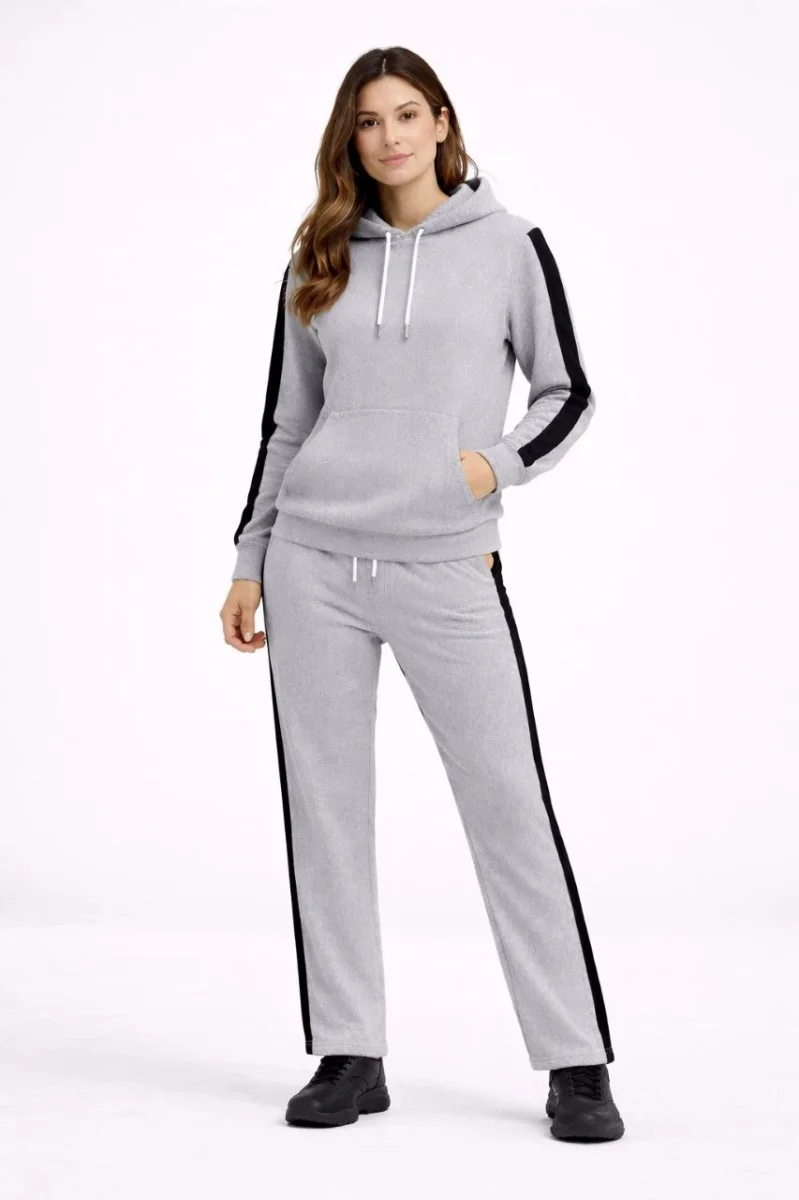 Yandan Şeritli Eşofman Takım Kapüşonlu Sweatshirt Boru Paça Alt, Oversize 3 iplik Pamuklu - Gri