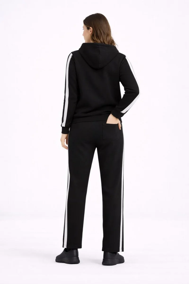 Yandan Şeritli Eşofman Takım Kapüşonlu Sweatshirt Boru Paça Alt, Oversize 3 iplik Pamuklu - Siyah