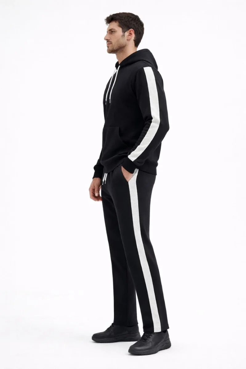 Şeritli Eşofman Takım Kapüşonlu Sweatshirt Boru Paça Alt, Oversize 3 iplik Pamuklu - Siyah
