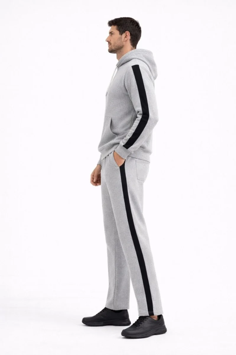 Şeritli Eşofman Takım Kapüşonlu Sweatshirt Boru Paça Alt, Oversize 3 iplik Pamuklu - Gri