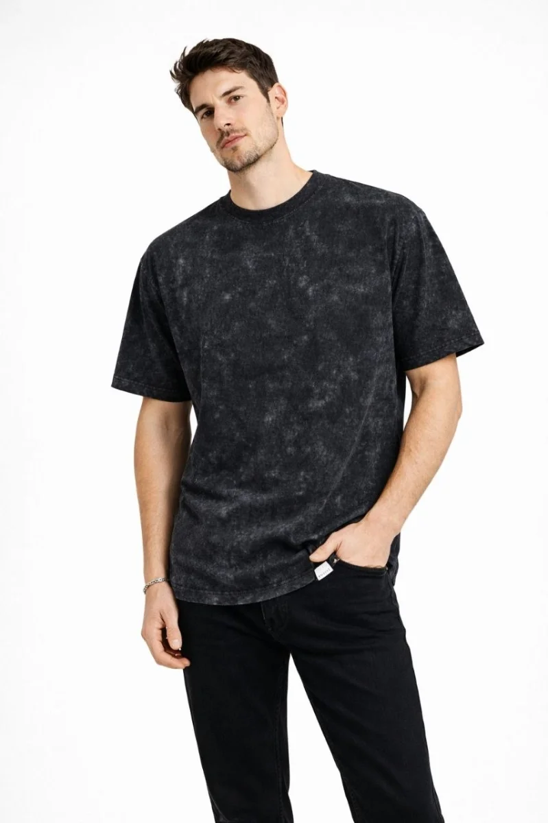 Erkek Asit Yıkama Bisiklet Yaka Kısa Kollu Oversize T-Shirt Tişört - Siyah