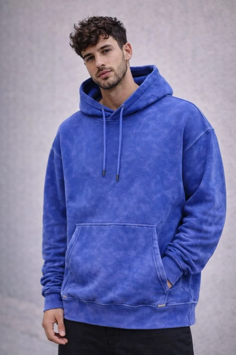 Erkek Yağ Yıkamalı Kapşonlu Double Oversize Üç İplik Pamuklu Sweatshirt - Mavi