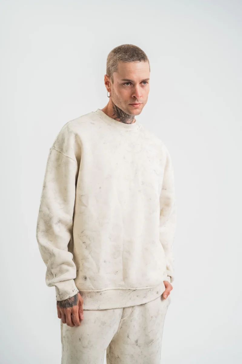 Erkek 3 İplik Pamuklu Yağ Yıkamalı Sweatshirt Double Oversize Bisiklet Yaka Uzun Kol - Krem