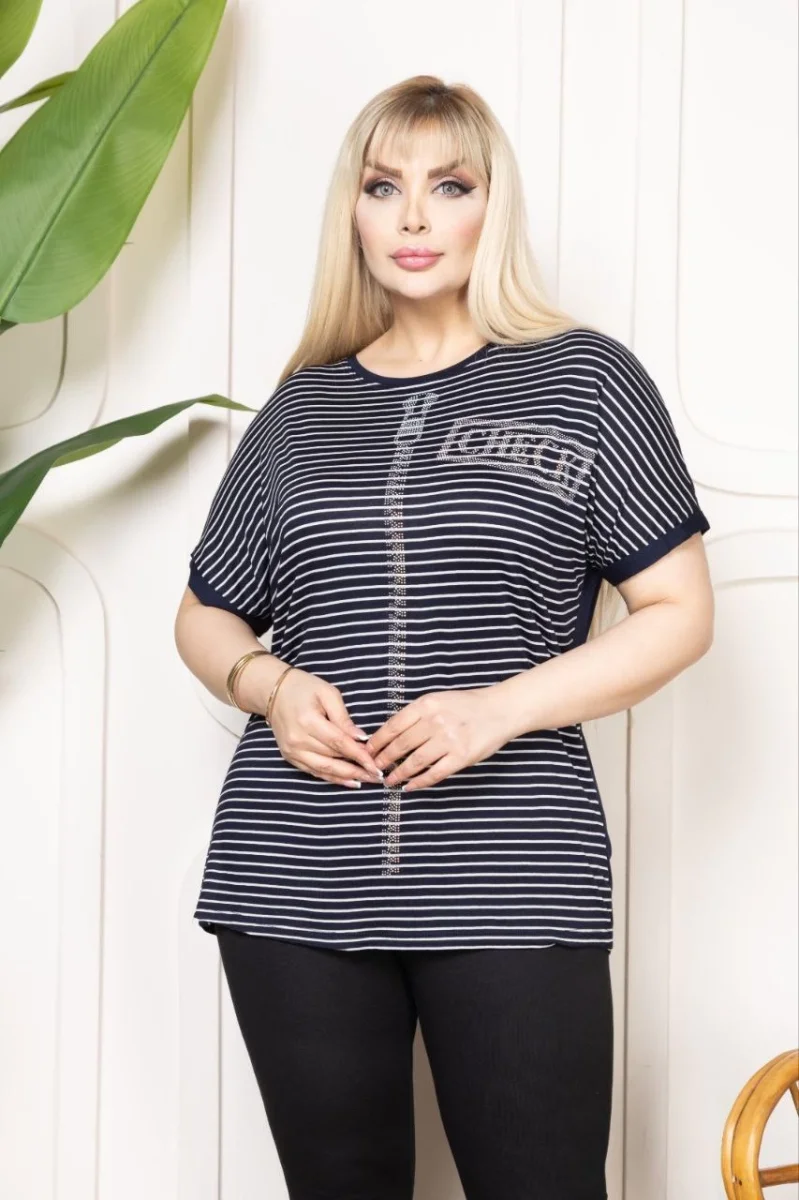 Kadın Büyük Beden Çizgili Taş Detaylı Kısa Kollu Likralı Viskon Tişört - Lacivert