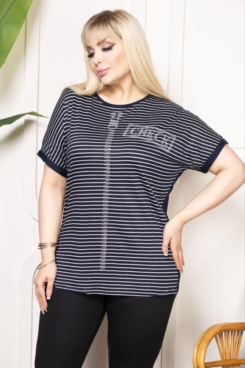 Kadın Büyük Beden Çizgili Taş Detaylı Kısa Kollu Likralı Viskon Tişört - Lacivert