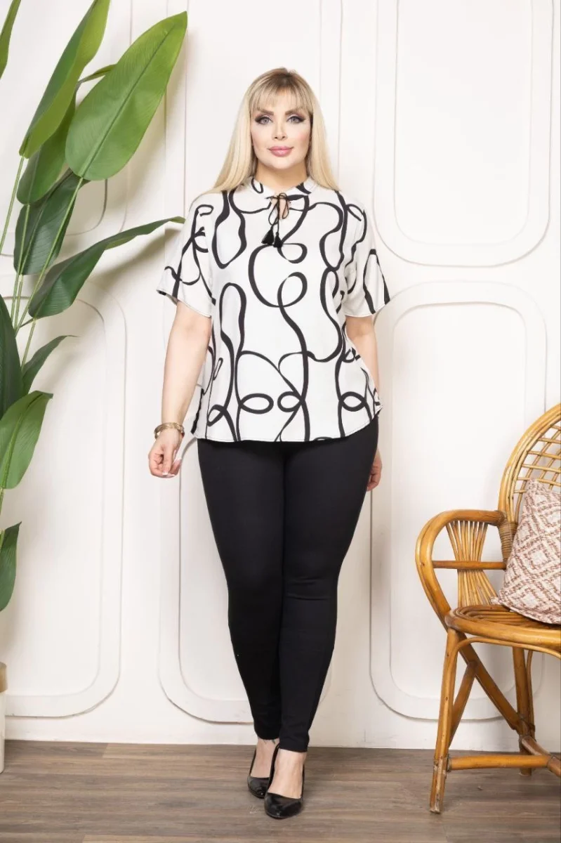 Kadın Desenli Püsküllü Viskon Bluz Bebe Yaka Kısa Kollu Big Size Rahat Kesim - Desenli