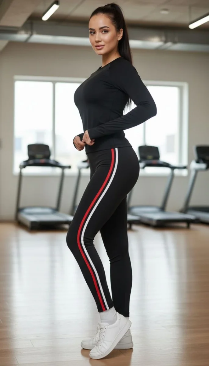 Kadın Likralı Penye Yanı Kırmızı Beyaz Şeritli Dar Kalıp Spor Tayt - Siyah