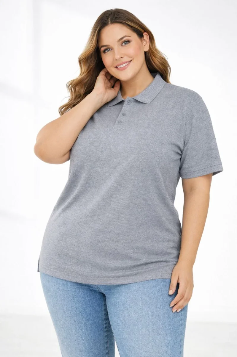 Kadın Pike Kumaş Düğmeli Yaka Battal Büyük Beden Günlük Kısa kol Tişört T-shirt - Gri