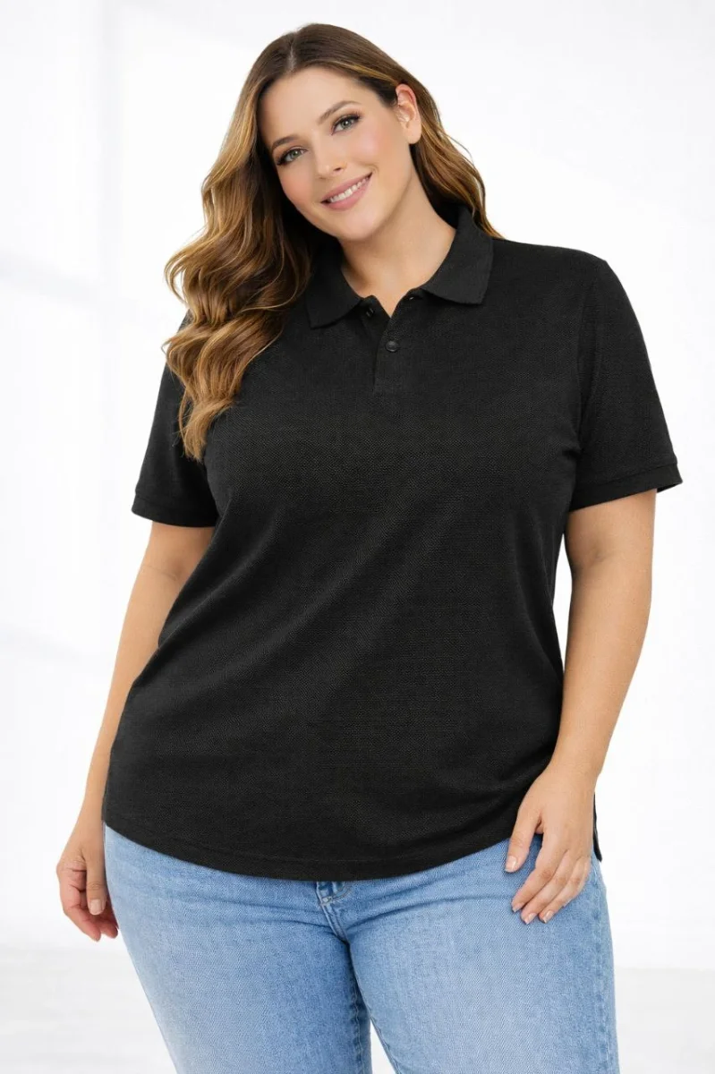 Kadın Pike Kumaş Düğmeli Yaka Battal Büyük Beden Günlük Kısa kol Tişört T-shirt - Siyah