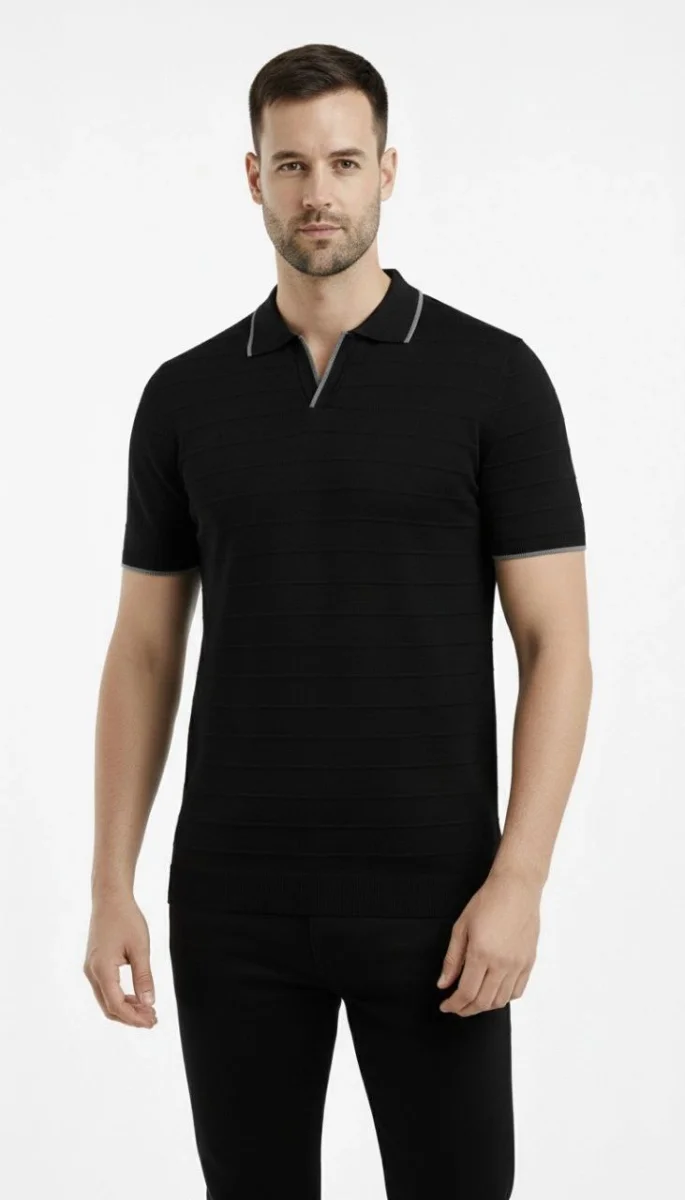 Erkek Triko Kumaş Yakalı Düğmesiz Açık Yaka Fitilli Kısa Kollu Regular Fit Tişört T-shirt - Siyah