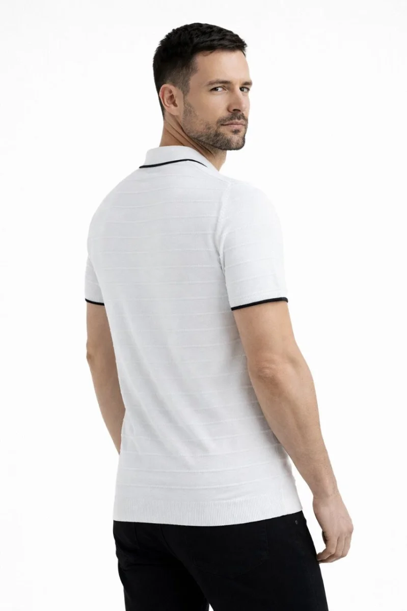 Erkek Triko Kumaş Yakalı Düğmesiz Açık Yaka Fitilli Kısa Kollu Regular Fit Tişört T-shirt - Beyaz