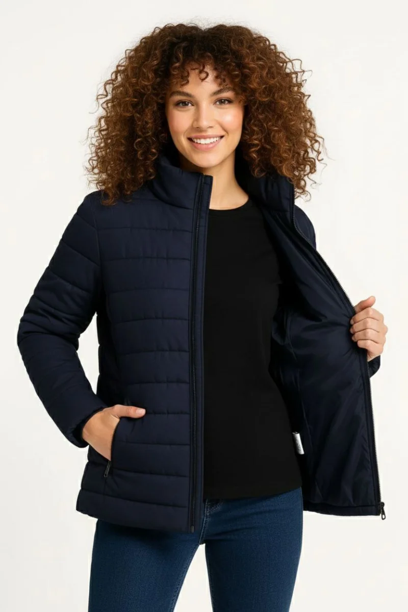 Kadın Mikro Su İtici Kapitone Baskılı Astarlı Fermuarlı Bomber Mont - Lacivert