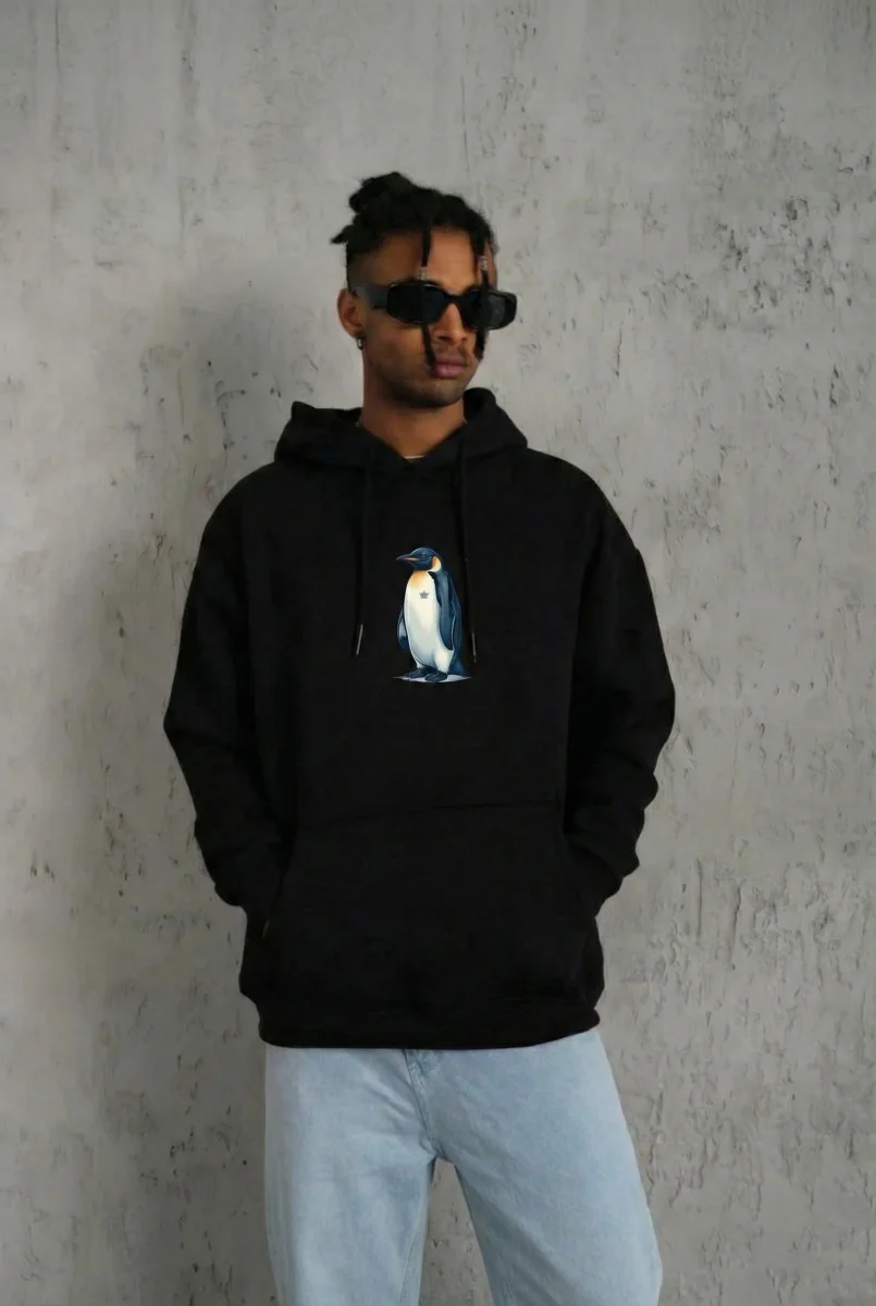 Siyah Oversize Hoodie - Sırt Baskılı "Survivor Penguin" Temalı, Felsefi Yazılı Kapüşonlu Sweatshirt - Siyah