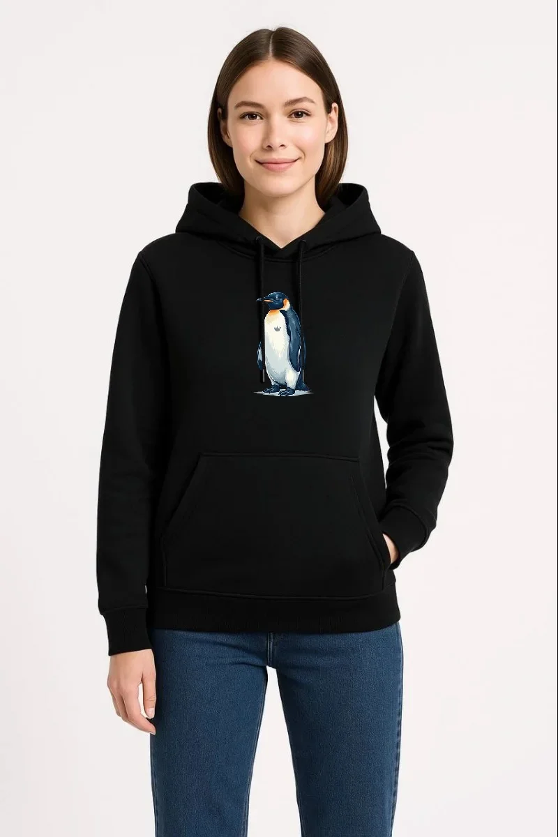 Kadın Oversize Hoodie - Sırt Baskılı "Survivor Penguin" Temalı, Felsefi Yazılı Kapüşonlu Sweatshirt - Siyah