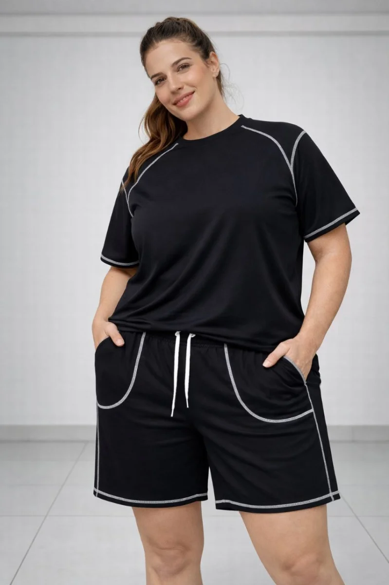 Kadın Battal Beden Kısa Kollu Tişört Şort Takım Kontrast Dikiş Detaylı Günlük Ev Giyimi - Siyah