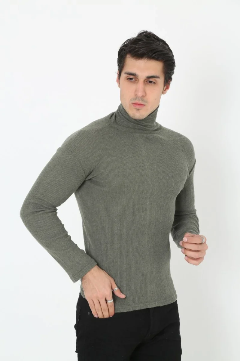 Erkek Kaşkorse Boğazlı Full Likralı Fitilli Body Kazak - Haki