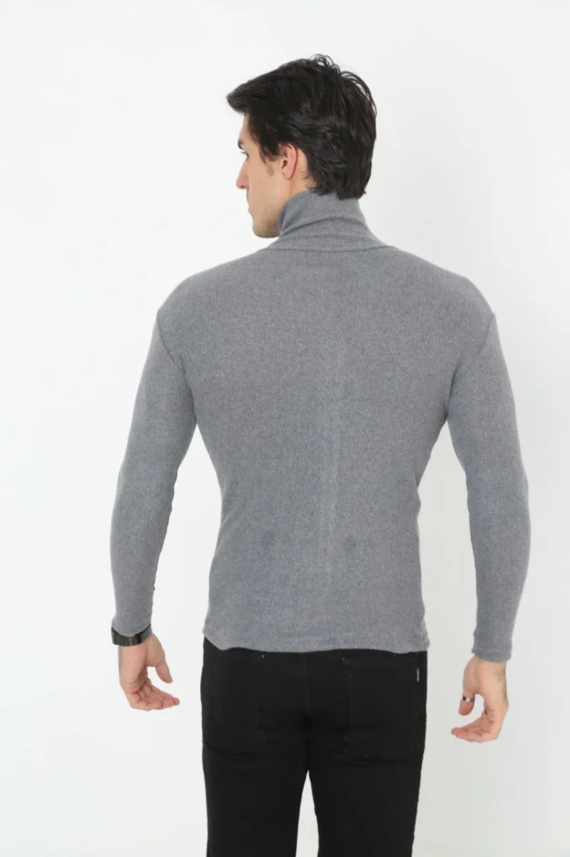 Erkek Kaşkorse Boğazlı Full Likralı Fitilli Body Kazak - Füme