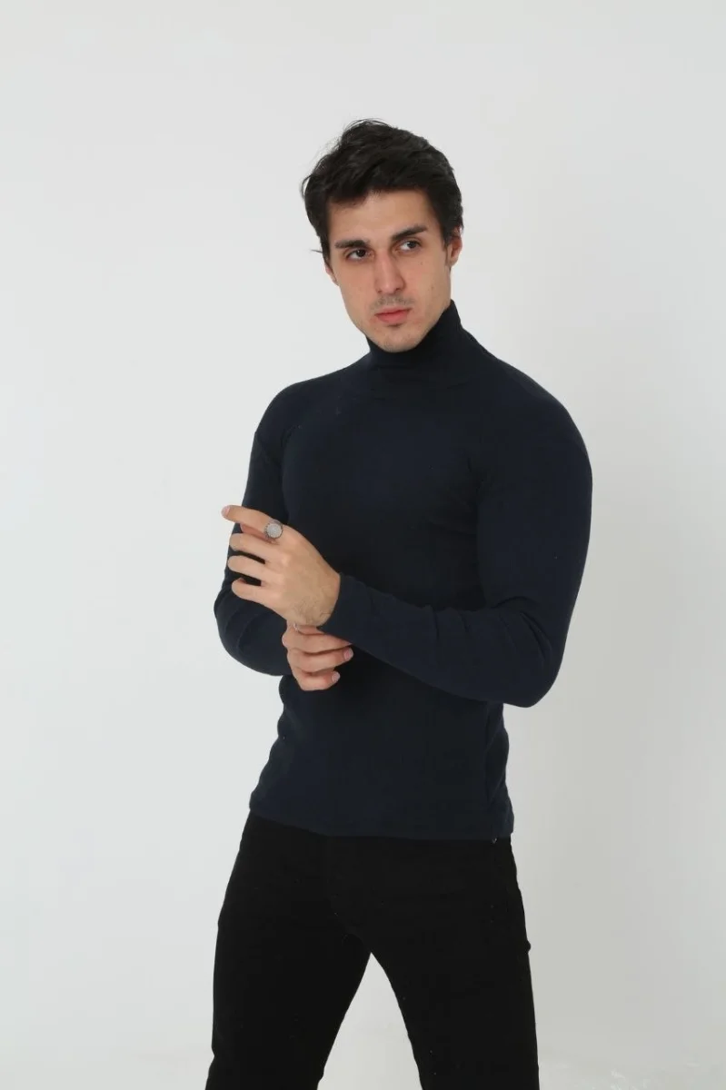 Erkek Kaşkorse Boğazlı Full Likralı Fitilli Body Kazak - Siyah