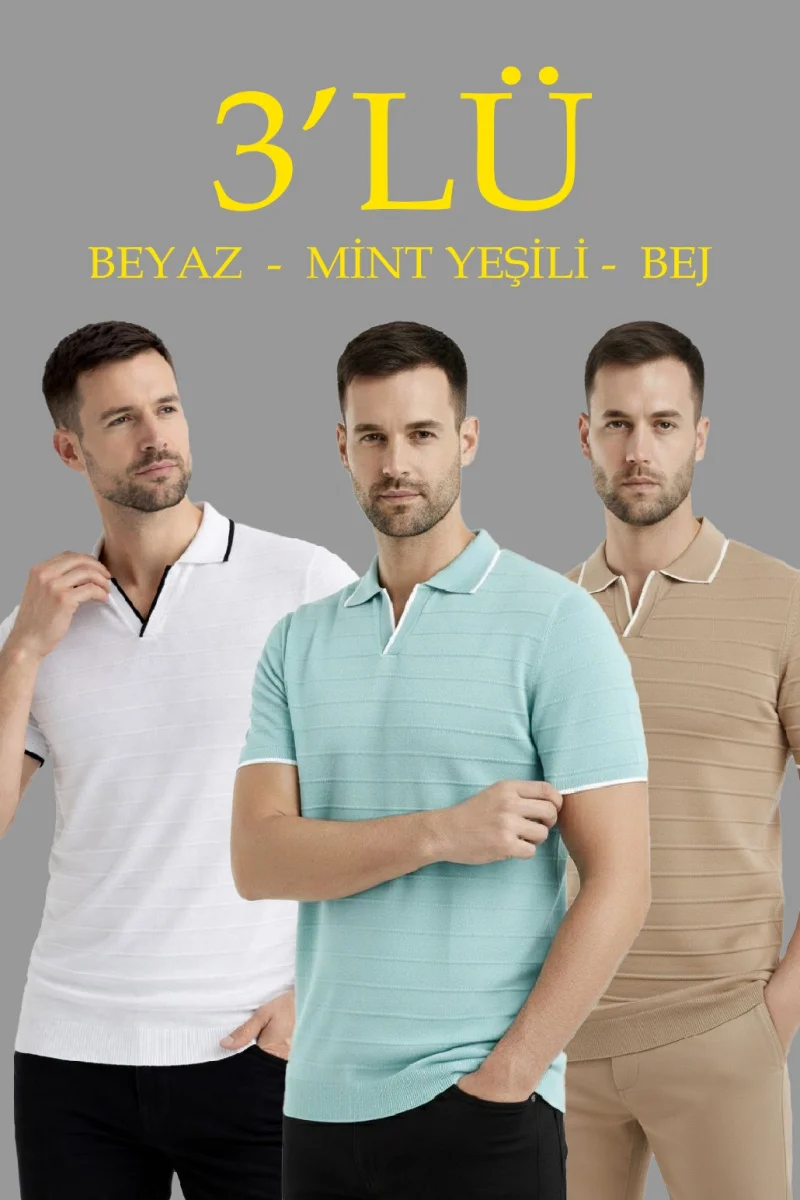 Erkek 3’lü Paket Triko Yakalı Düğmesiz Açık Yaka Fitilli Kısa Kollu Regular Fit Tişört - Bej, Beyaz, Mint Yeşili