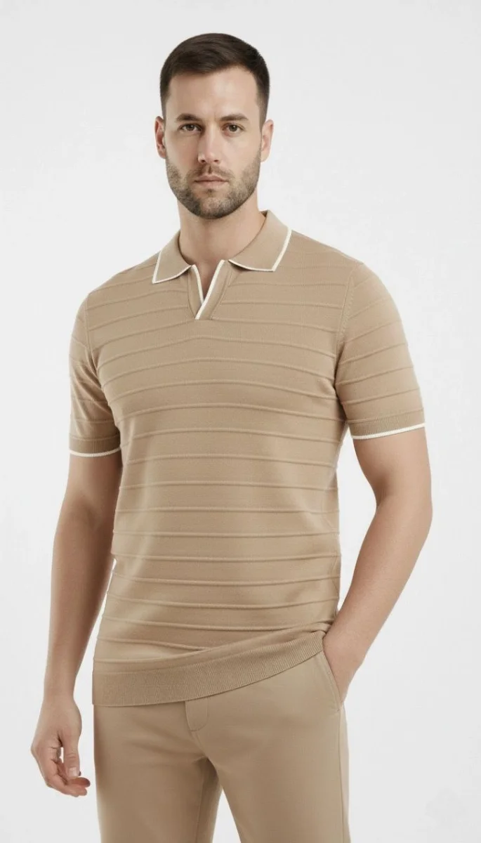 Erkek 2’li Paket Triko Yakalı Düğmesiz Açık Yaka Fitilli Kısa Kollu Regular Fit Tişört - Bej  Siyah