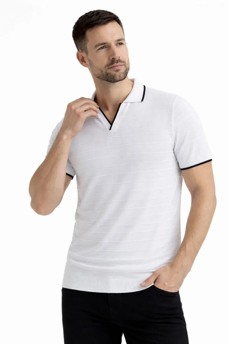 Erkek 2’li Paket Triko Yakalı Düğmesiz Açık Yaka Fitilli Kısa Kollu Regular Fit Tişört - Beyaz  Mint Yeşili