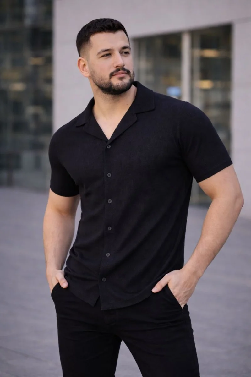 Erkek Waffle Dokuma Açık Yakalı Düğmeli Regular Kalıp 2’li Gömlek Seti - Siyah  Beyaz