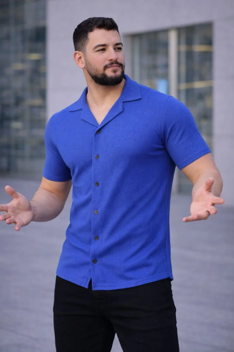 Erkek Waffle Dokuma Açık Yakalı Düğmeli Regular Kalıp 2’li Gömlek Seti - Siyah  Saks Mavisi