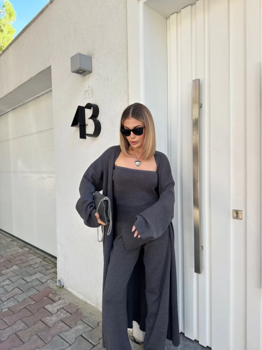 Kadın Triko 3 Parça Takım Straplez Üst Pantolon Uzun Hırka - Füme