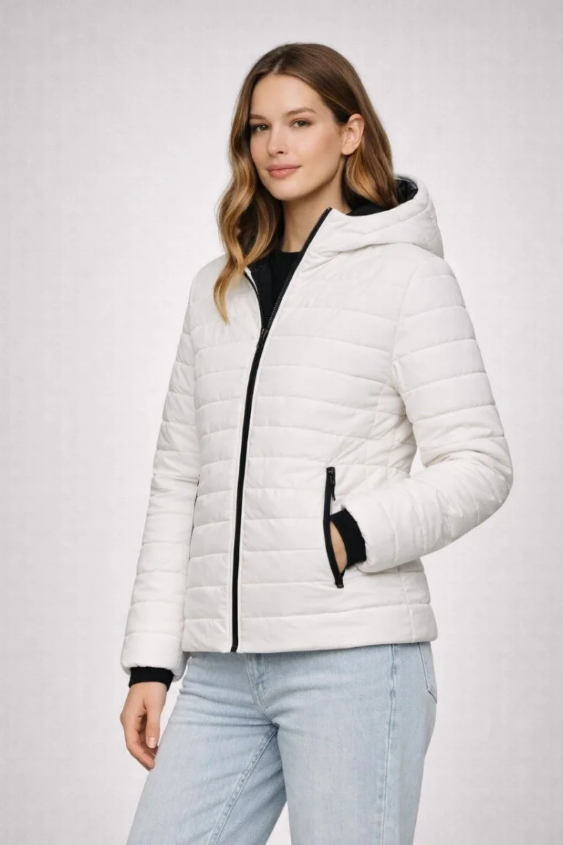 Kadın Şişme Kapüşonlu Fermuarlı Mont Su itici Kapitone Astarlı Kumaş Cepli Kışlık Rahat Kalıp - Krem