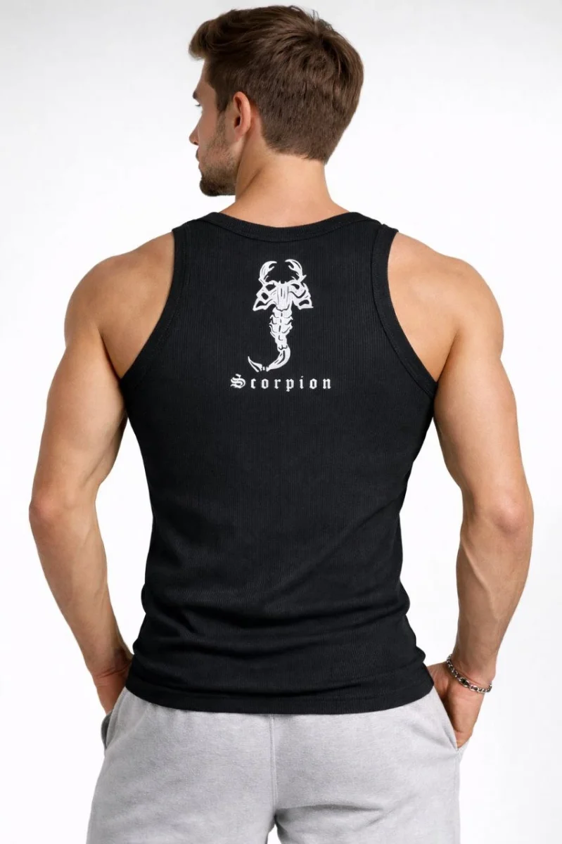 Erkek Fitilli Atlet Sıfır Yaka Slim Fit Arka Baskılı Spor Atlet - Siyah