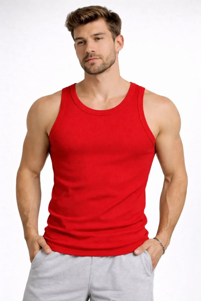 Erkek Fitilli Atlet Sıfır Yaka Slim Fit Arka Baskılı Spor Atlet - Kırmızı