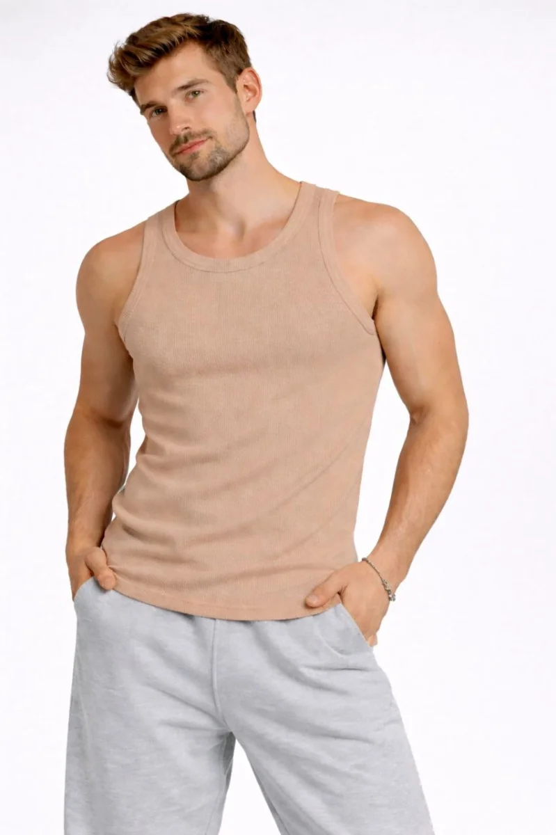 Erkek Fitilli Atlet Sıfır Yaka Slim Fit Arka Baskılı Spor Atlet - Bej