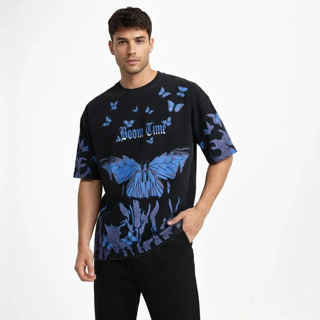 Erkek Asit Yıkamalı Oversize Tişört- Siyah