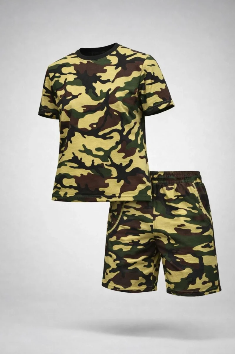 Erkek Kamuflaj Desenli Tişört Şort Takım – Regular Fit Günlük Spor 2’li Yazlık Kombin - Kamuflaj