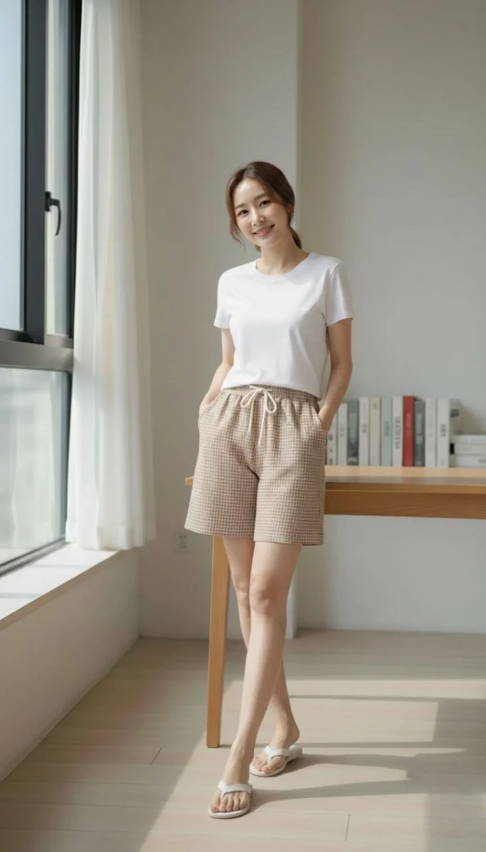 Kadın Pötikareli Şort – Beli Lastikli Bağcıklı, Cepli, Rahat Kesim Günlük Yazlık Şort - Bej