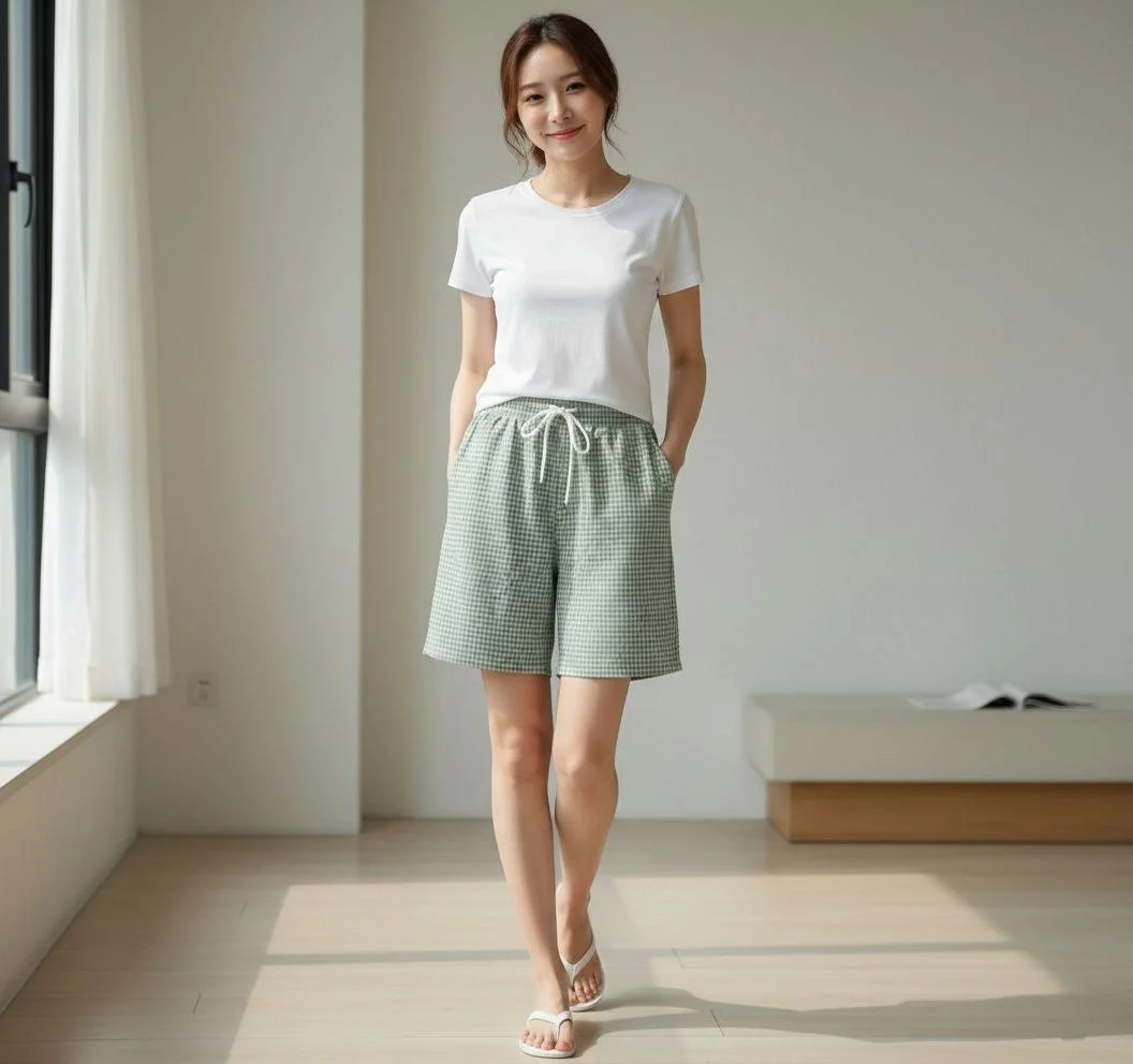 Kadın Pötikareli Şort – Beli Lastikli Bağcıklı, Cepli, Rahat Kesim Günlük Yazlık Şort - Mint Yeşili